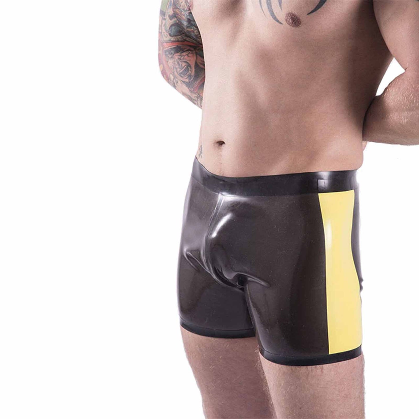 MONNIK Boxer Shorts Latex  Briefs Rubber Panties Tight Underwear Black and Yellow Line Design for Bodysuit Party Cosplay