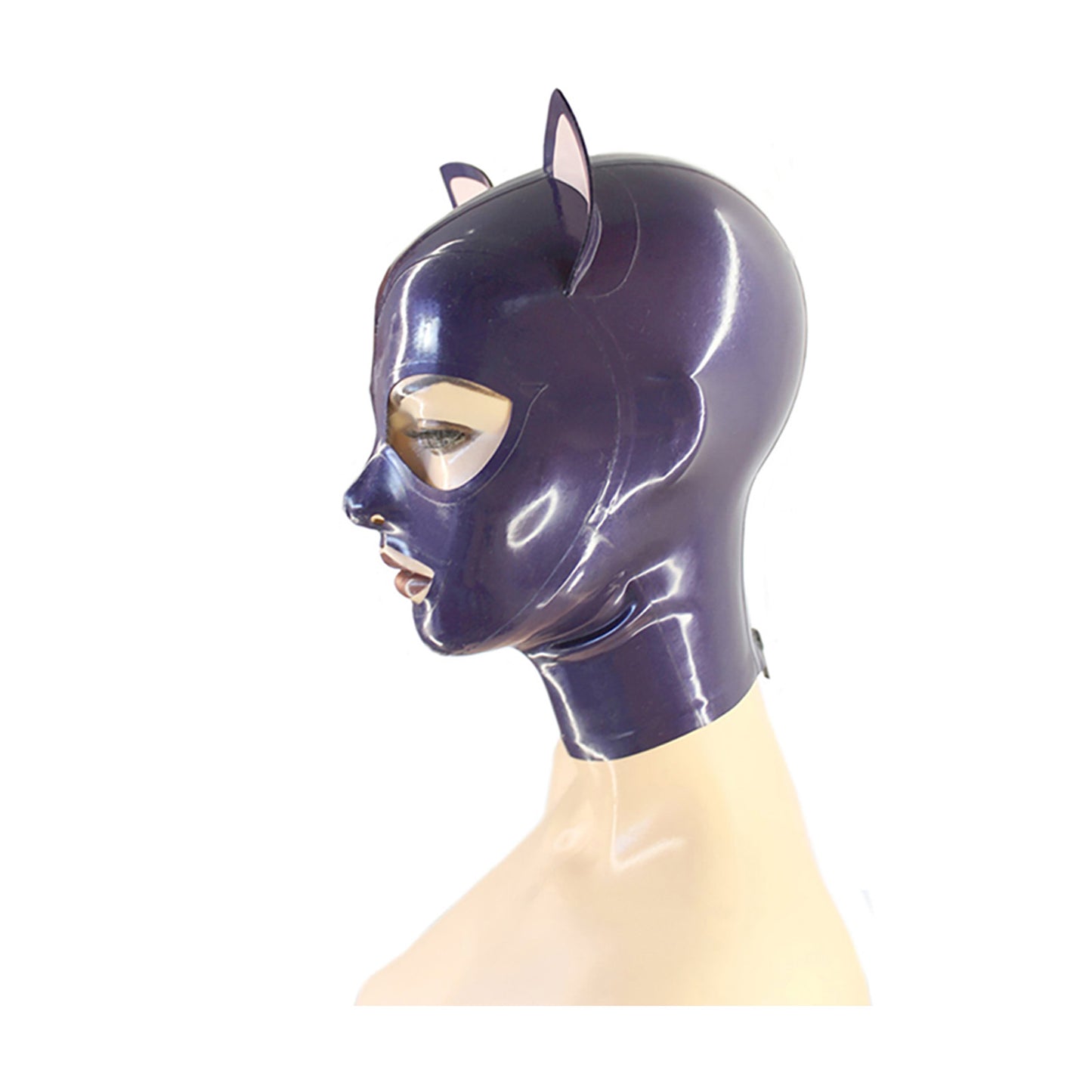 MONNIK Latex Unisex Cat Hood Mask Purple Attached Ears for Party Wear Bodysuit with Rear Zipper Handmade