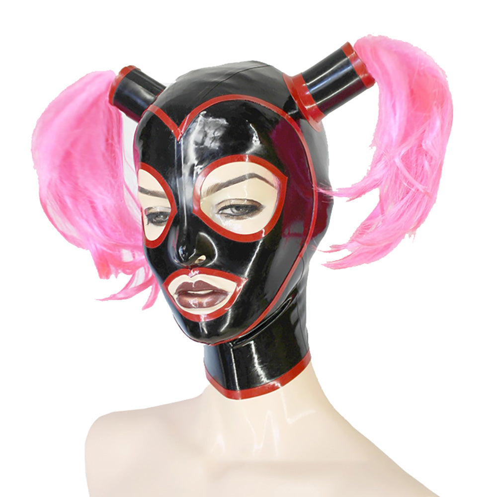 MONNIK Latex Mask Rubber Hood Black and Red Trim with Ponytail Hair Tube and Contrast Trim for Party Catsuit Cosplay