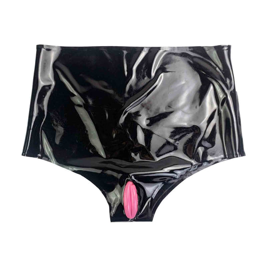 Latex Underwear with Pink Inflatable labia&Anal Condom Briefs Fetish High waiste