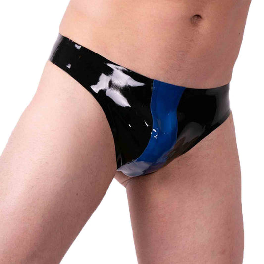 MONNIK Black and Blue Stripe Latex Briefs Fashion Rubber Men Shorts Tight G-string Underwear for Bodysuit Cosplay Party