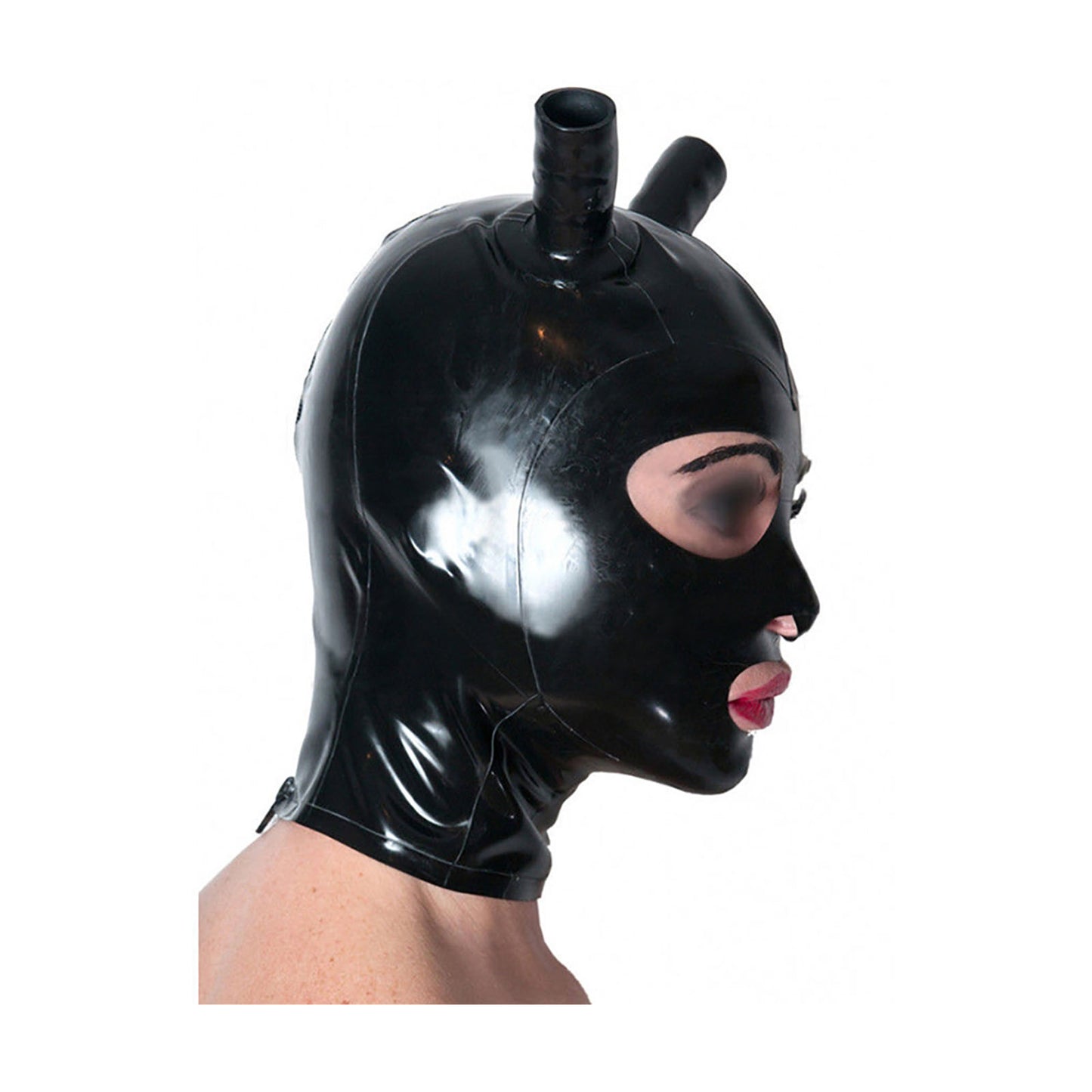 MONNIK Full Cover Latex Hood Rubber Two Ponytails Tubes Mask with Rear Zipper Handmade for Catsuit Cosplay