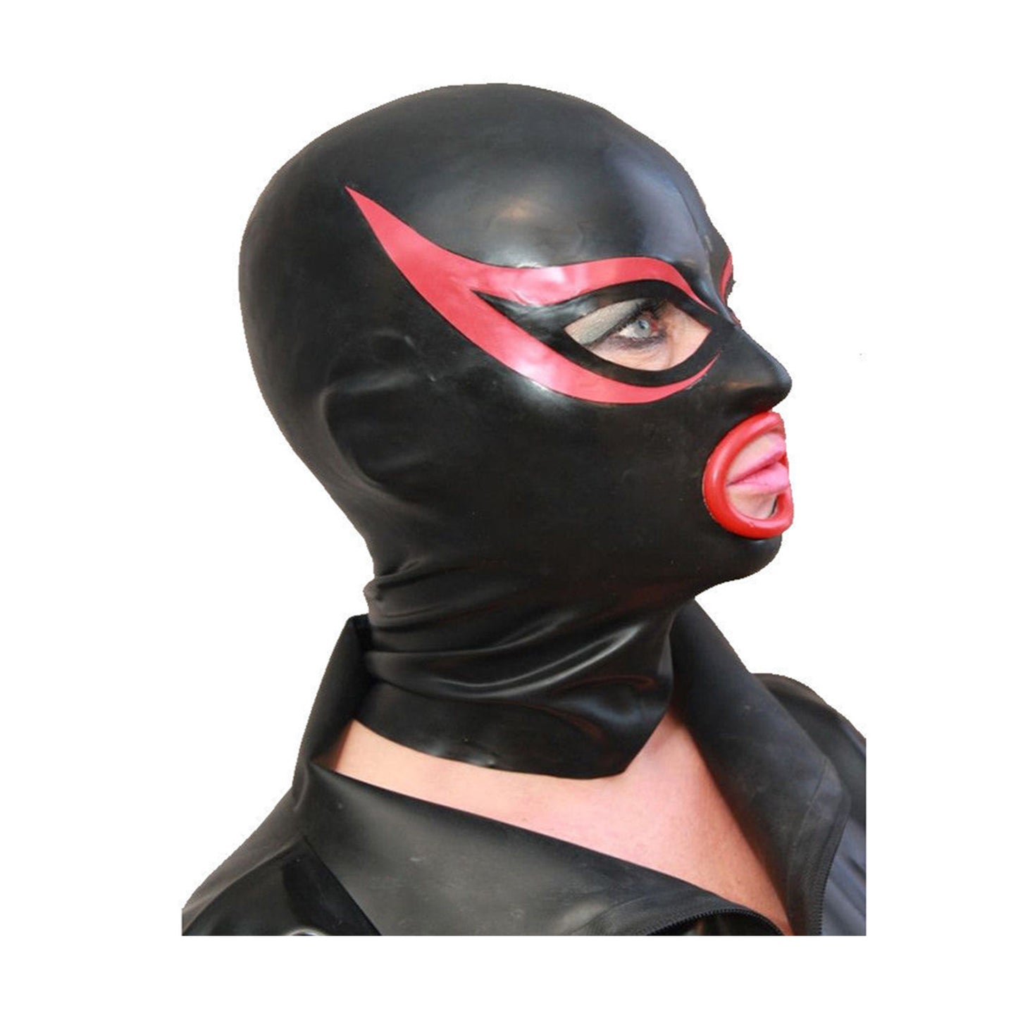 MONNIK Latex Hood Mask Flying Eye Design with Red Trim Rubber Unisex Mask for Catsuit Party Cosplay Club Wear