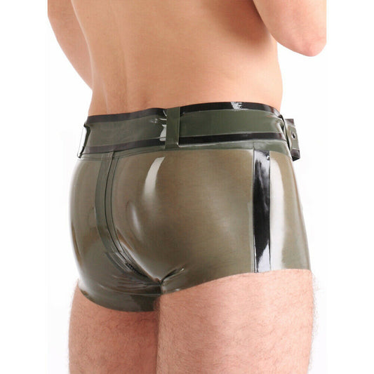 MONNIK Boxer Briefs Sexy Shorts Latex Green Tight Men Boxer Shorts with Belt Adjustable Rubber Panties and Front Zipper