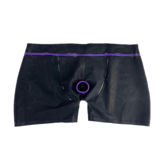 MONNIK Boxer Shorts Latex Tight Underpants with Front Penis Hole Ring Purple Trim Briefs Tight Underwear for Party Bodysuit