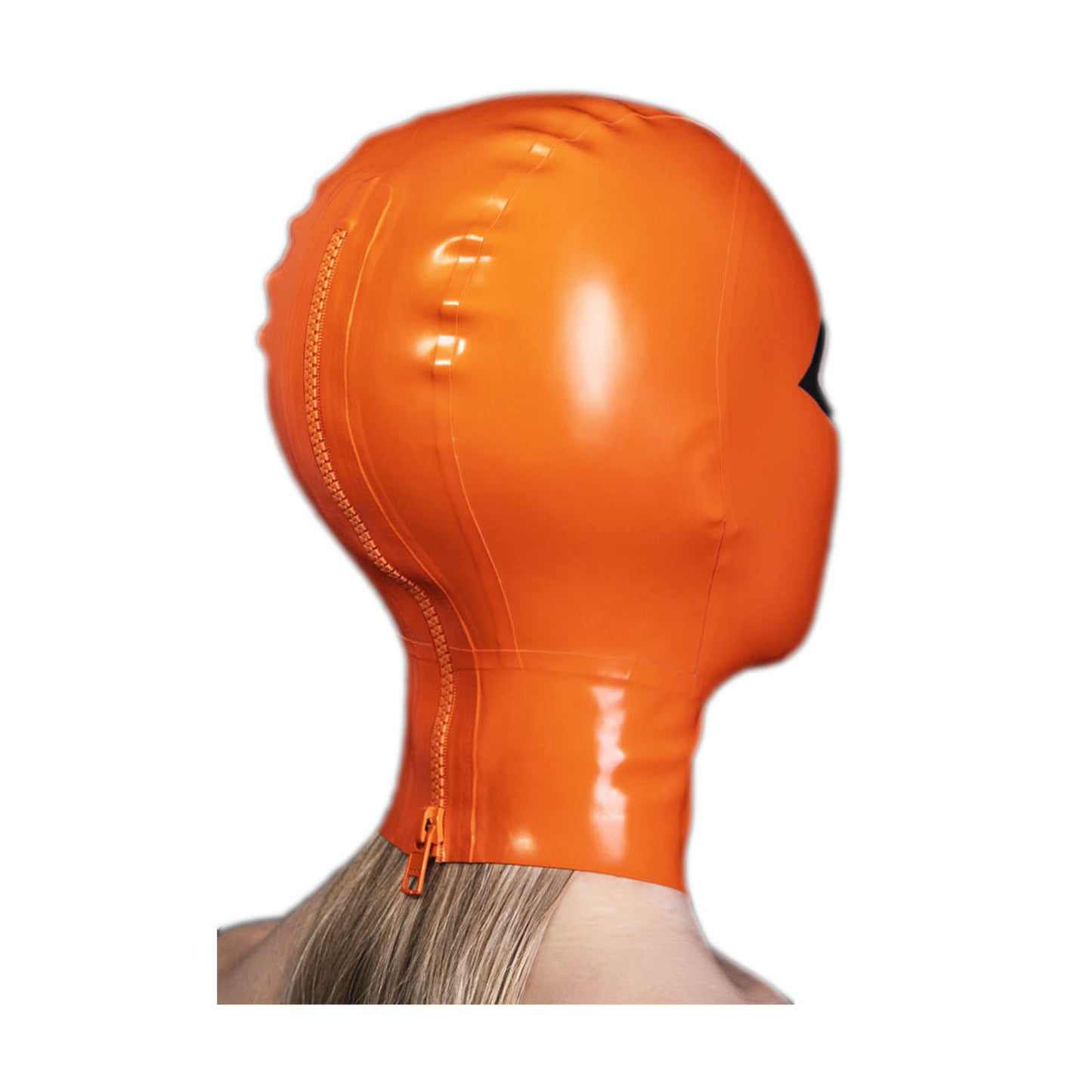 MONNIK Orange Latex Mask with Back Zipper and Contrast Eyes and Mouth Hood for Costume Catsuit Cosplay