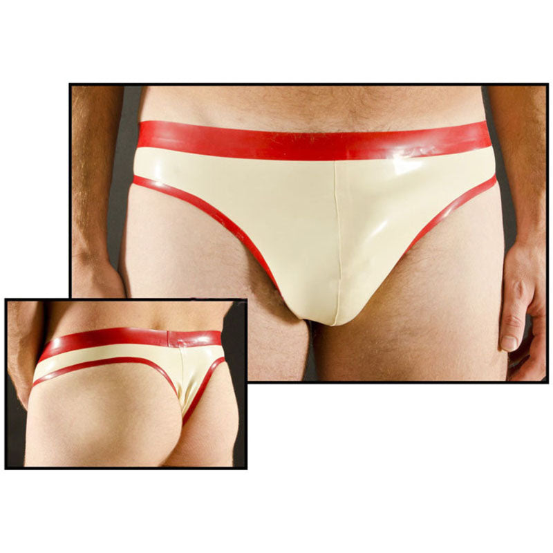 MONNIK Latex Fashion Briefs White&Red Trim Rubber Shorts Underpants Panties Tight Underwear for Bodysuit Party Wear